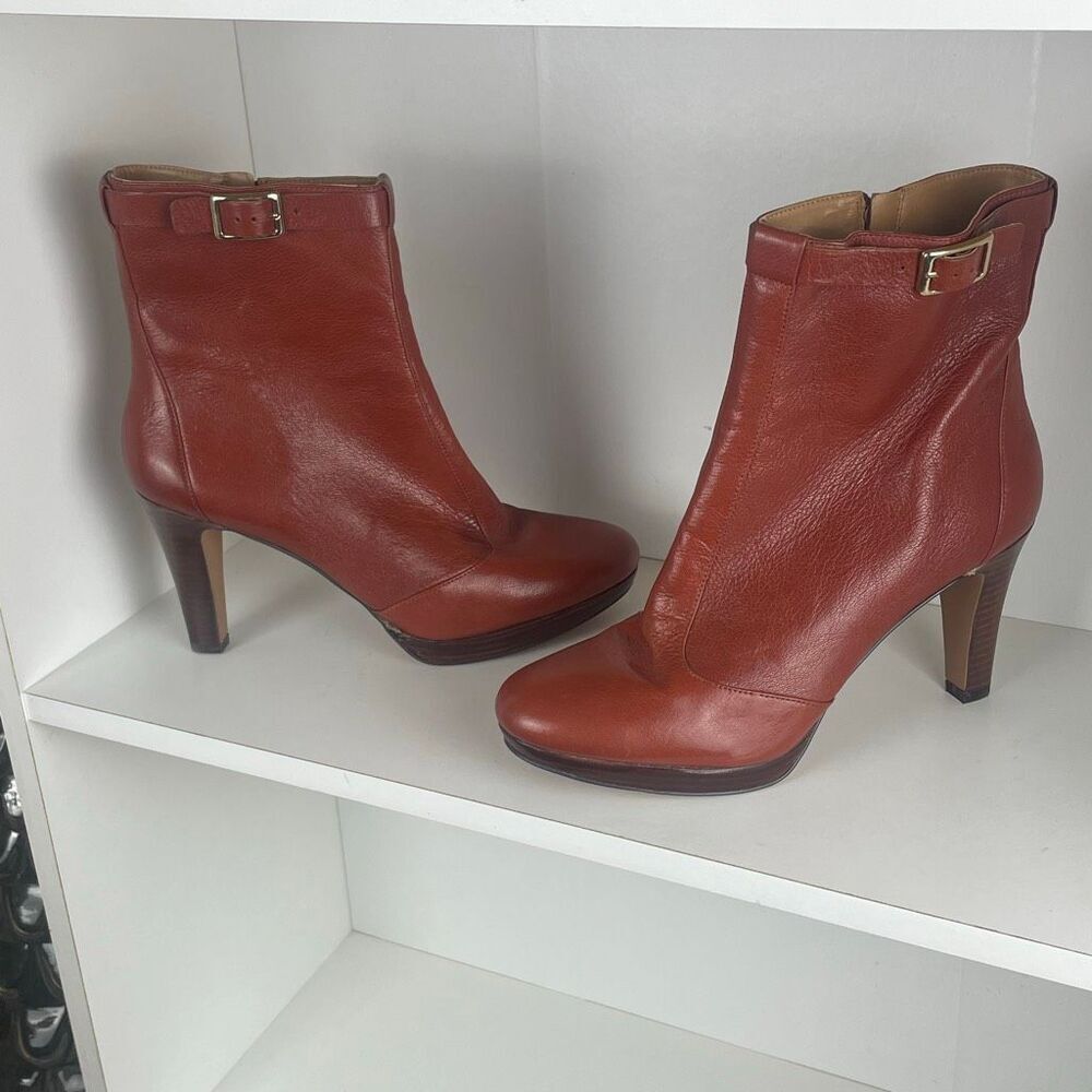 Nine West Leather Platform Ankle Boots Cognac Brown 9.5